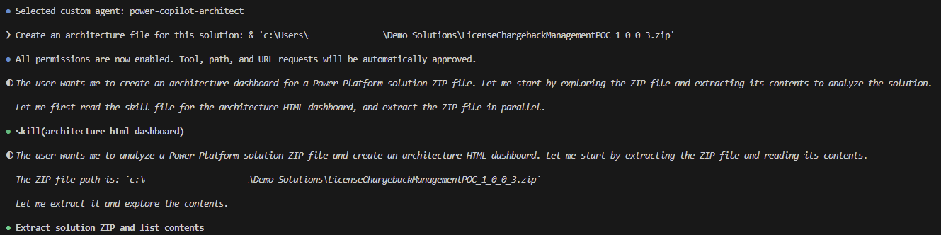 CLI terminal showing the power-copilot-architect agent extracting a solution ZIP